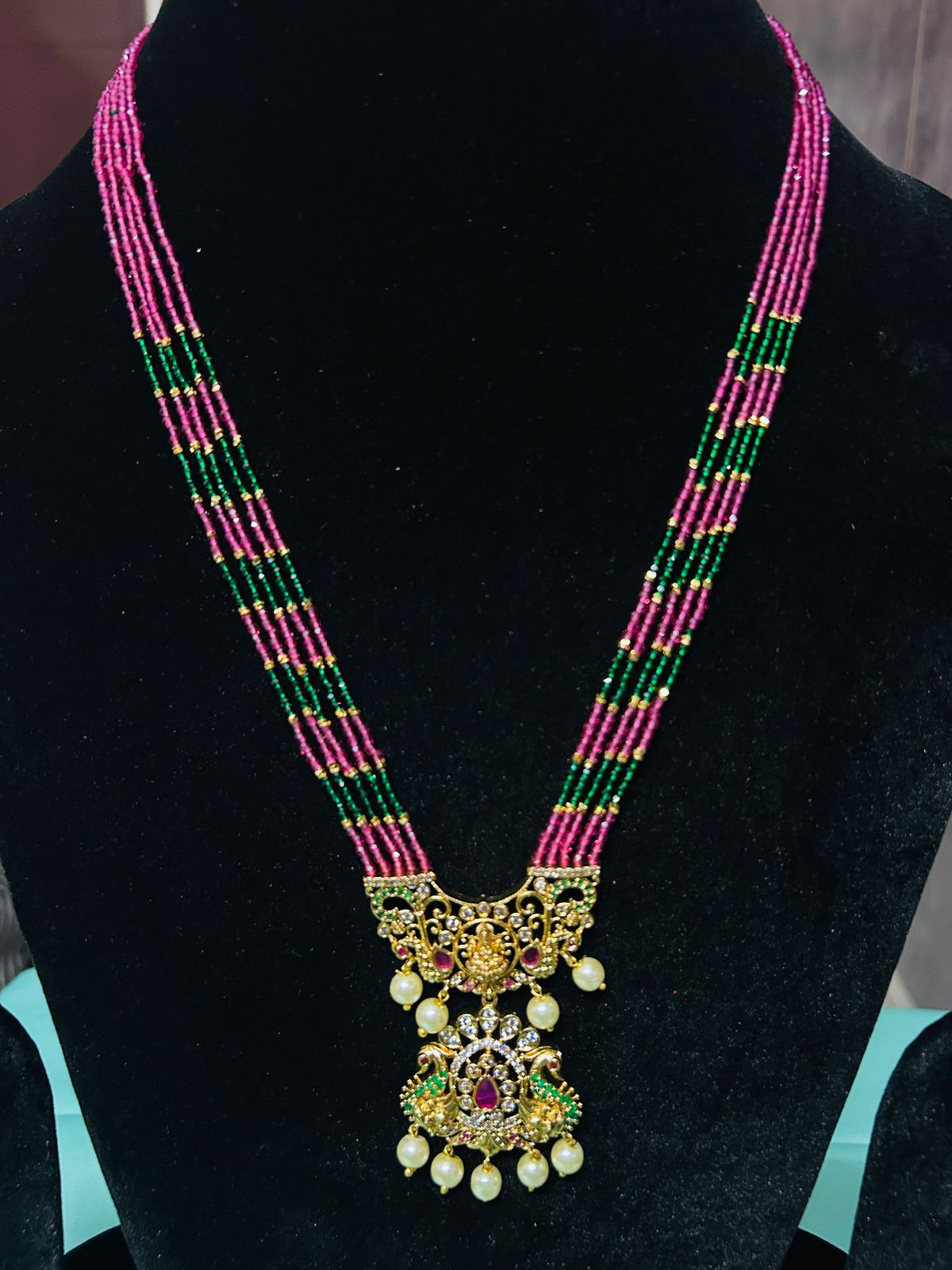 Kempu Lakshmi Pendant with Multi-Strand Beaded Chain