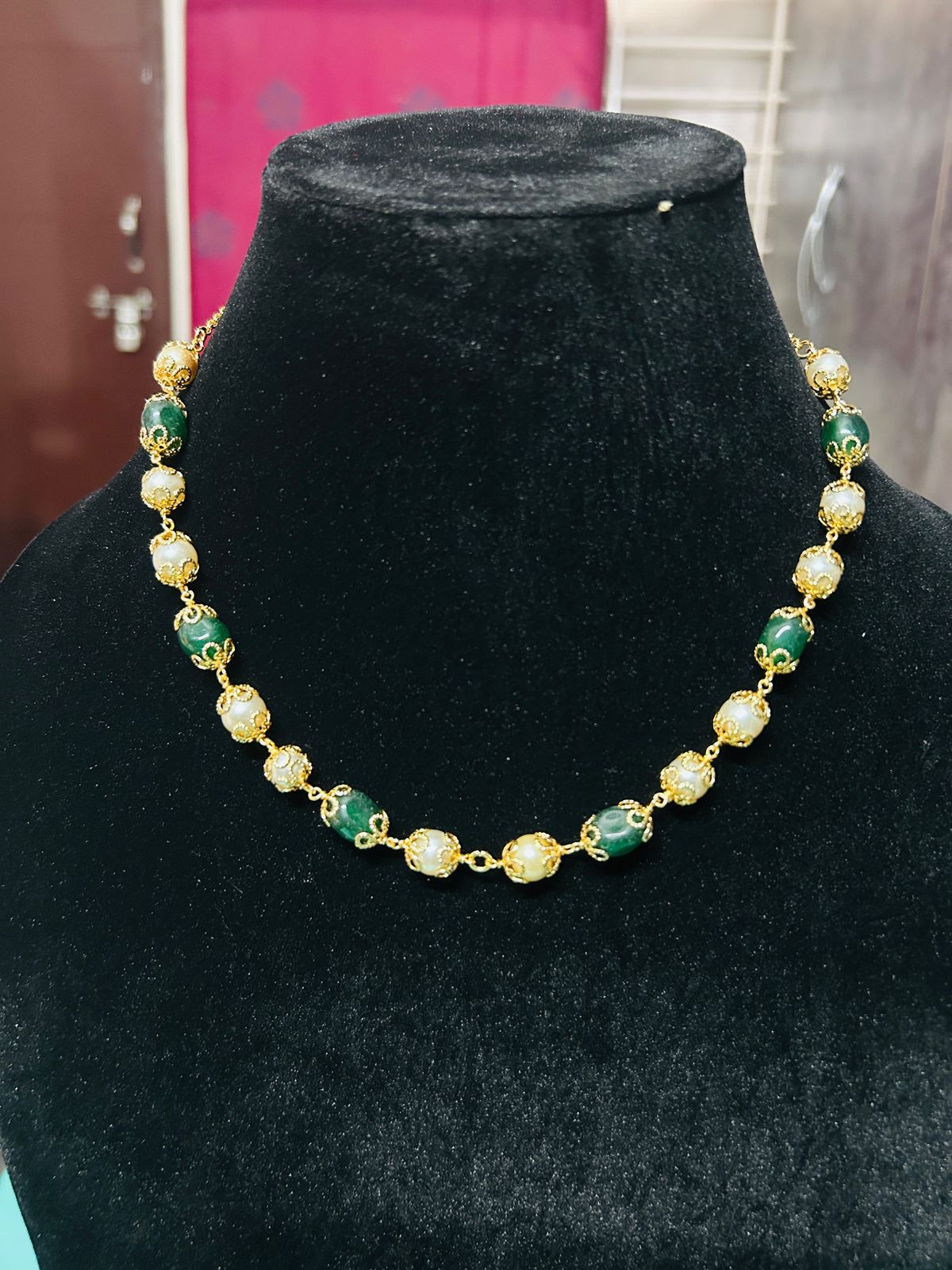 Emerald and Polki Style Beaded Necklace