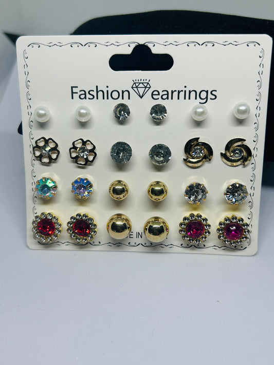 Korean 9-Pair Elegant Stud Earring Set – Mixed Crystal & Pearl Design