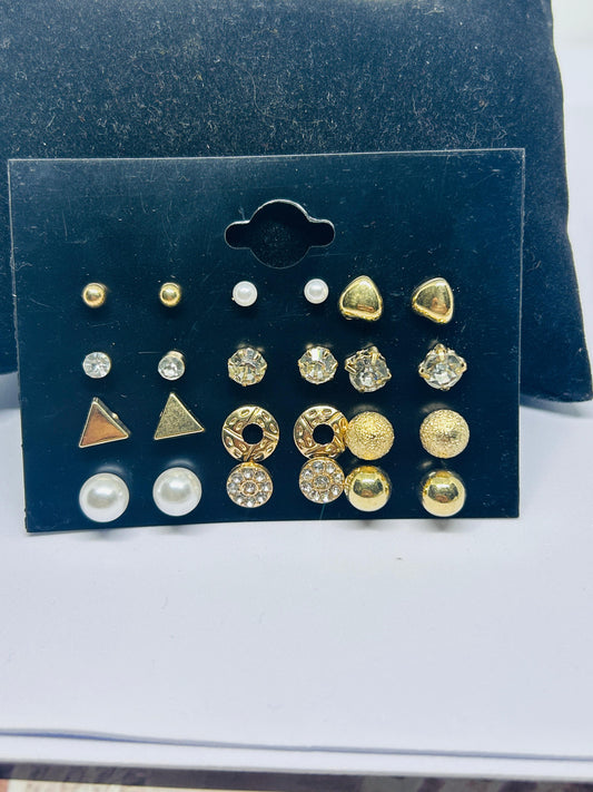 Korean 12-Pair Minimalist Gold & Pearl Stud Earring Set