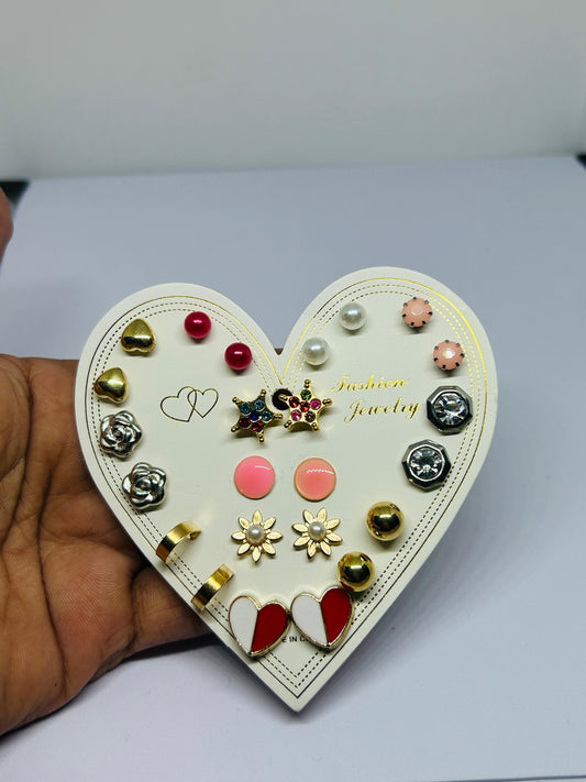 Korean Heart Box 12-Pair Cute & Chic Stud Earring Set