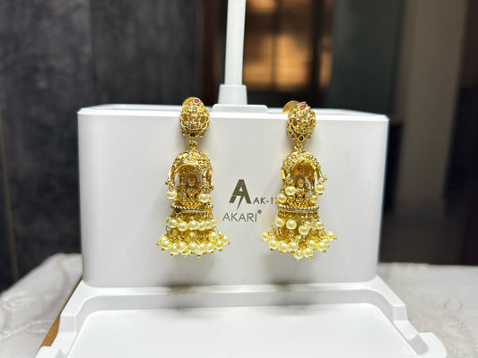 Temple Jhumka Earrings with Goddess Lakshmi & Pearl Drops
