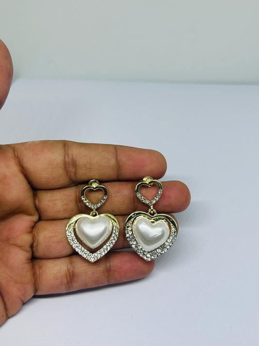 Korean Pearl Heart Drop Earrings – Gold Plated with Crystal Accents