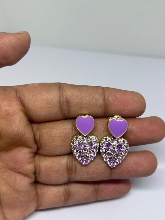Korean Double Heart Earrings – Lavender Gemstone Sparkle