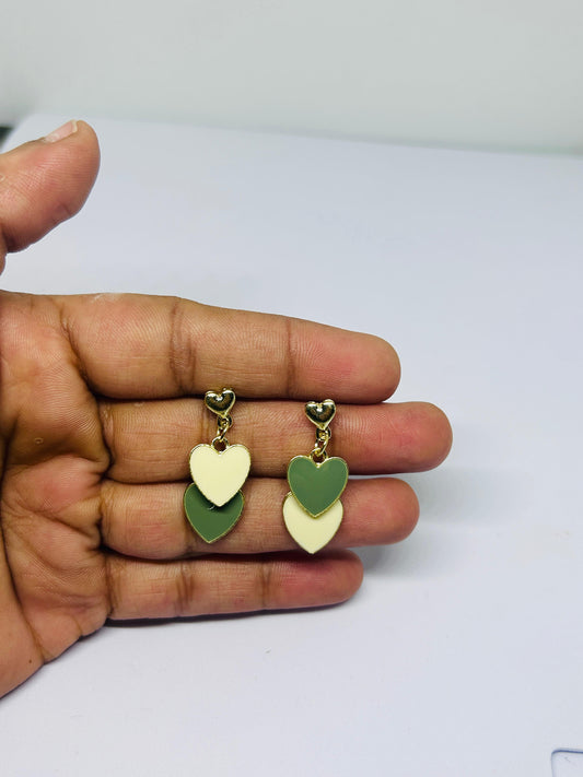 Korean Dual-Tone Heart Drop Earrings – Olive & Cream