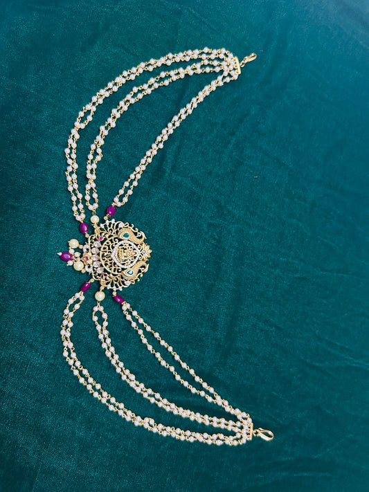 Lakshmi Motif Temple Jada Billa with Pearl Chains